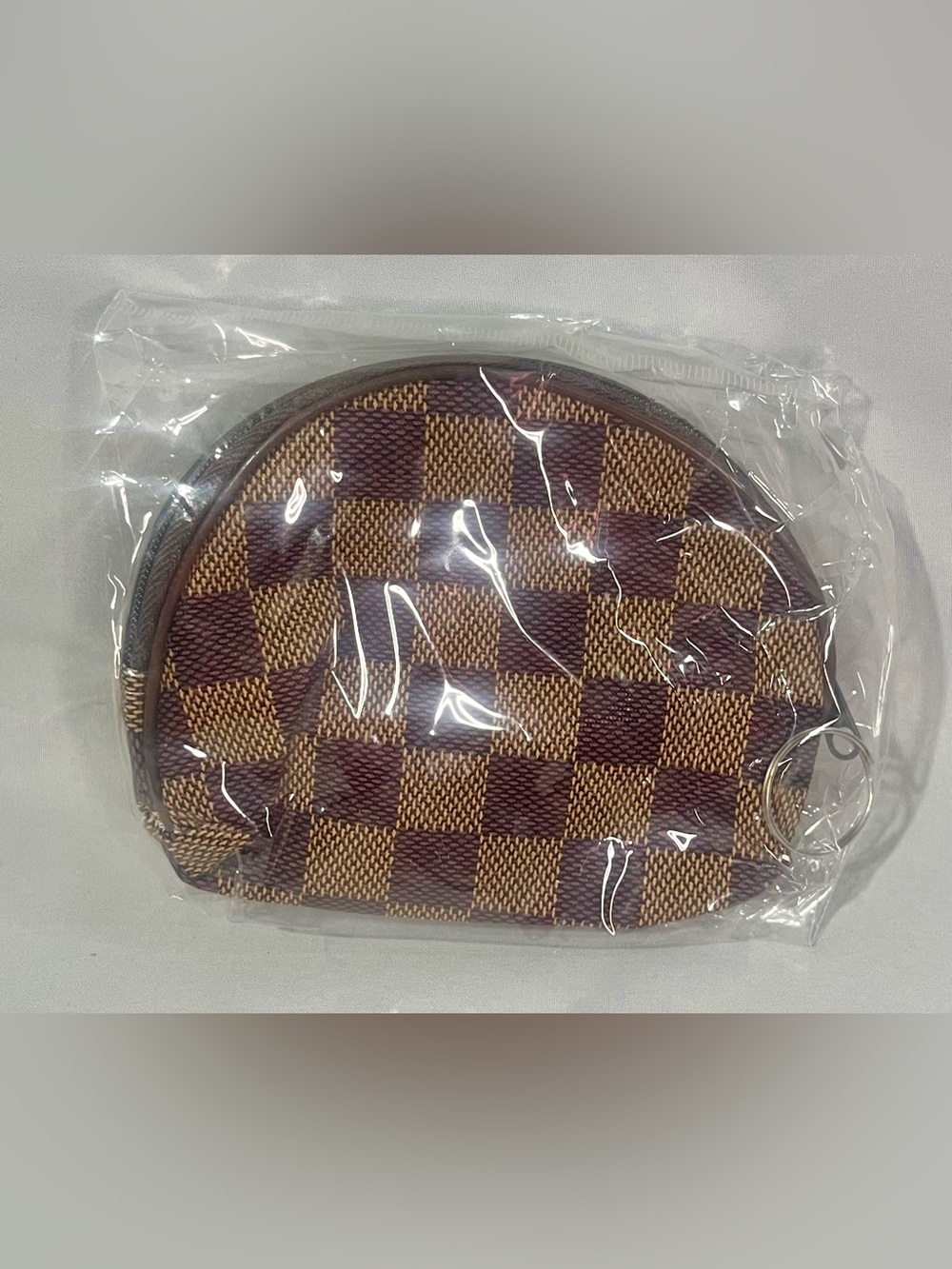 Brown Checkered Half-Moon Cosmetic Pouch with Keyring